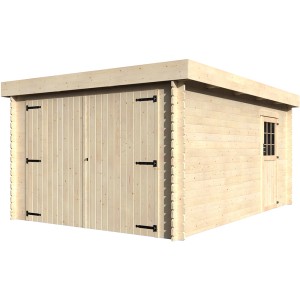D+J Garage Galan aus Holz mit Doppeltür und Seitentür mit Fenster.