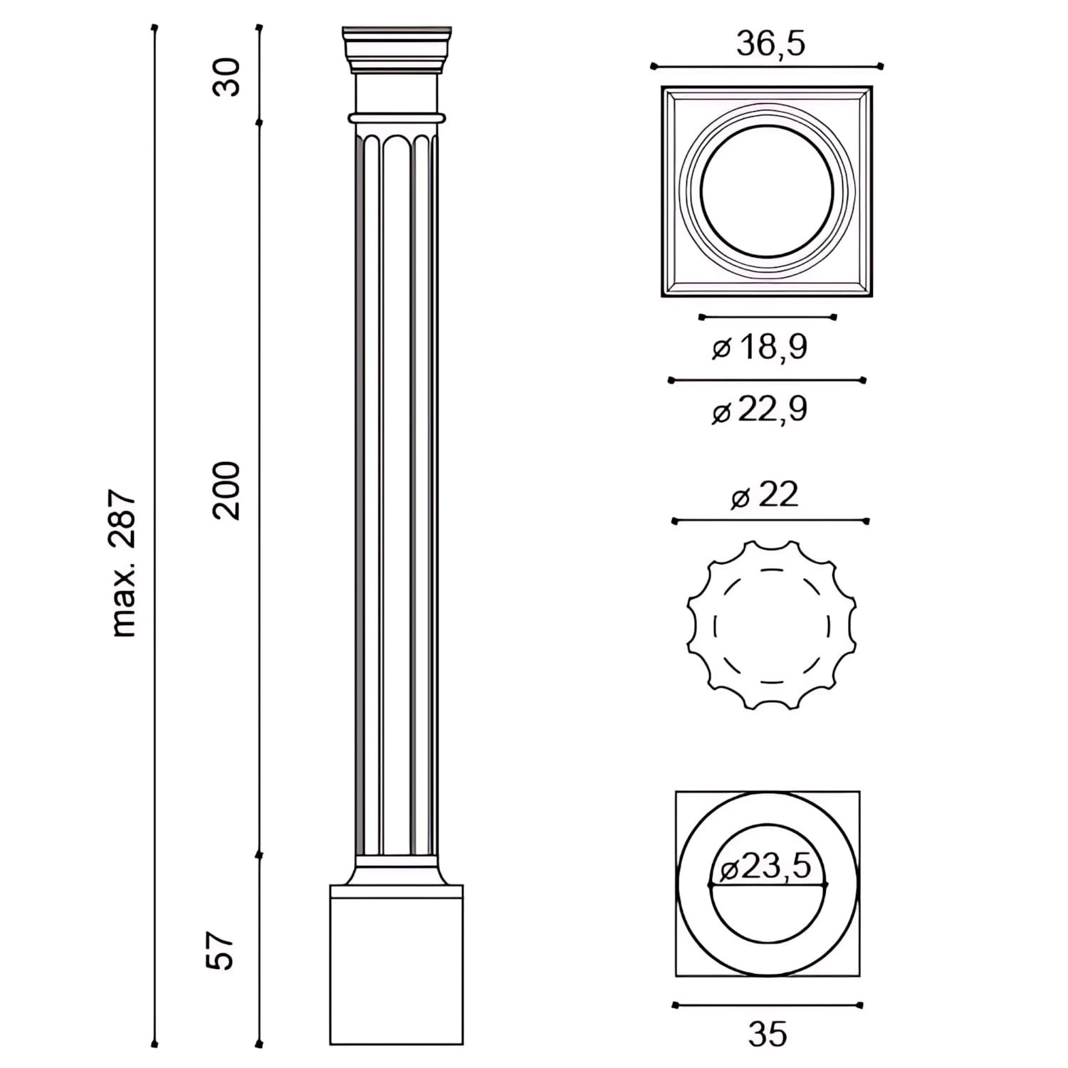 Technische Zeichnung: ORAC DECOR KD6 LUXXUS Stucksäule, Maße und Details der Säule.
