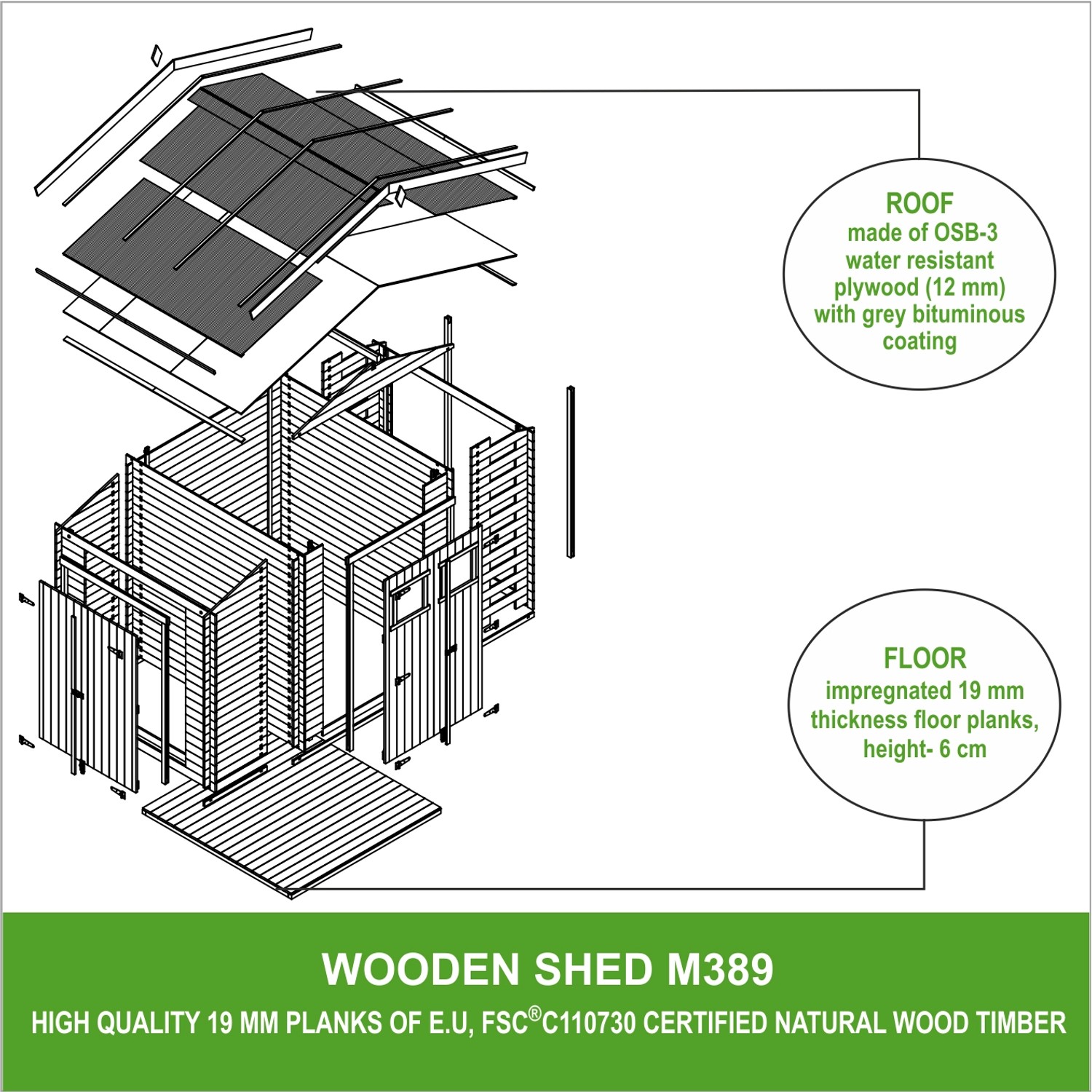 Skizze: Timbela Holz-Gartenhaus M389 mit Brennholzregal, 5,47 m² mit Boden.