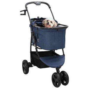 Blauer faltbarer vidaXL Haustierwagen mit kleinem Hund, Ablagekorb und schwenkbaren Rädern.