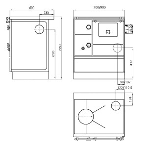 Technische Zeichnung des Westminster Küchenofen K 176 FA-70 rechts, Stahl Elfenbein, mit Maßangaben.