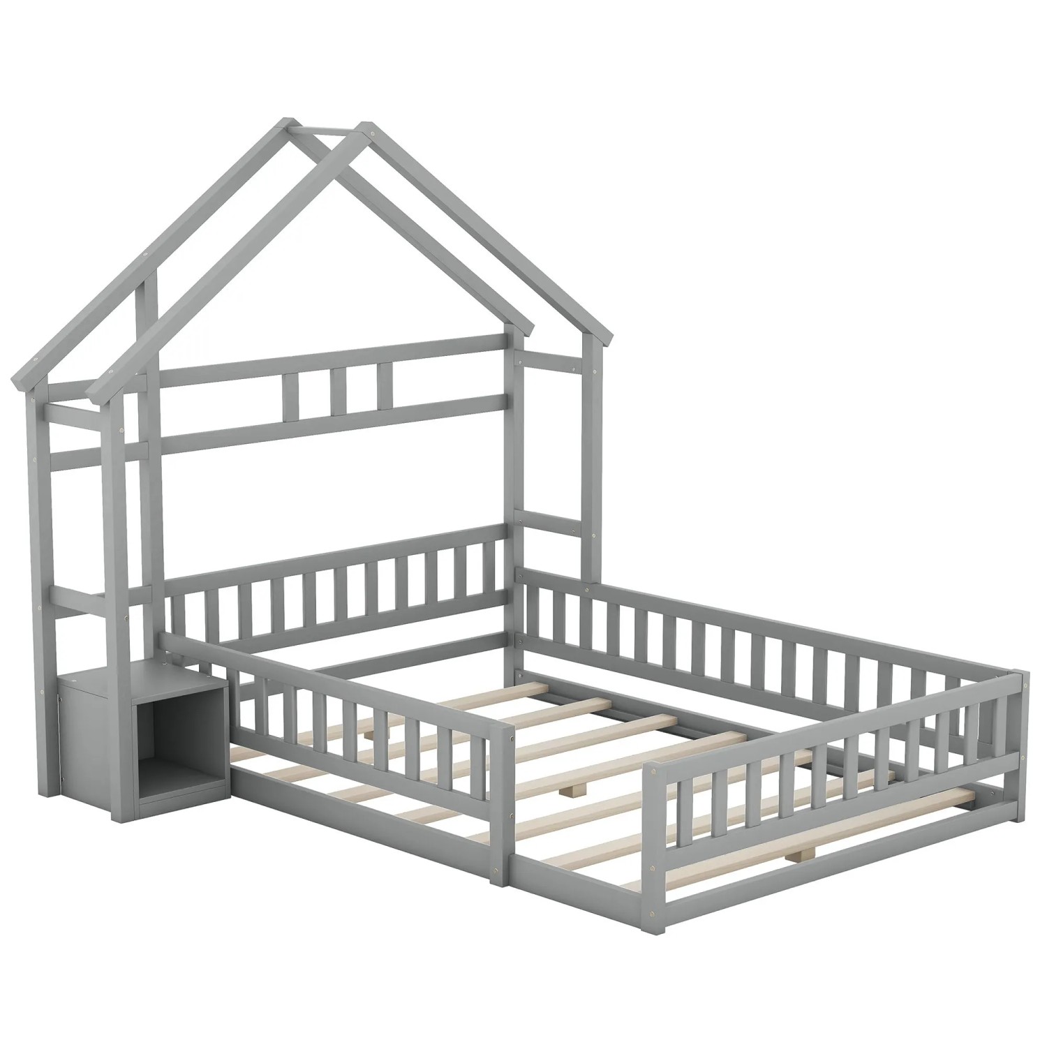 KOMHTOM Kinderbett 140x200Cm Flachbett Hausbetten Mit Geländer Und Nachttischen Grau Ohne Matratze