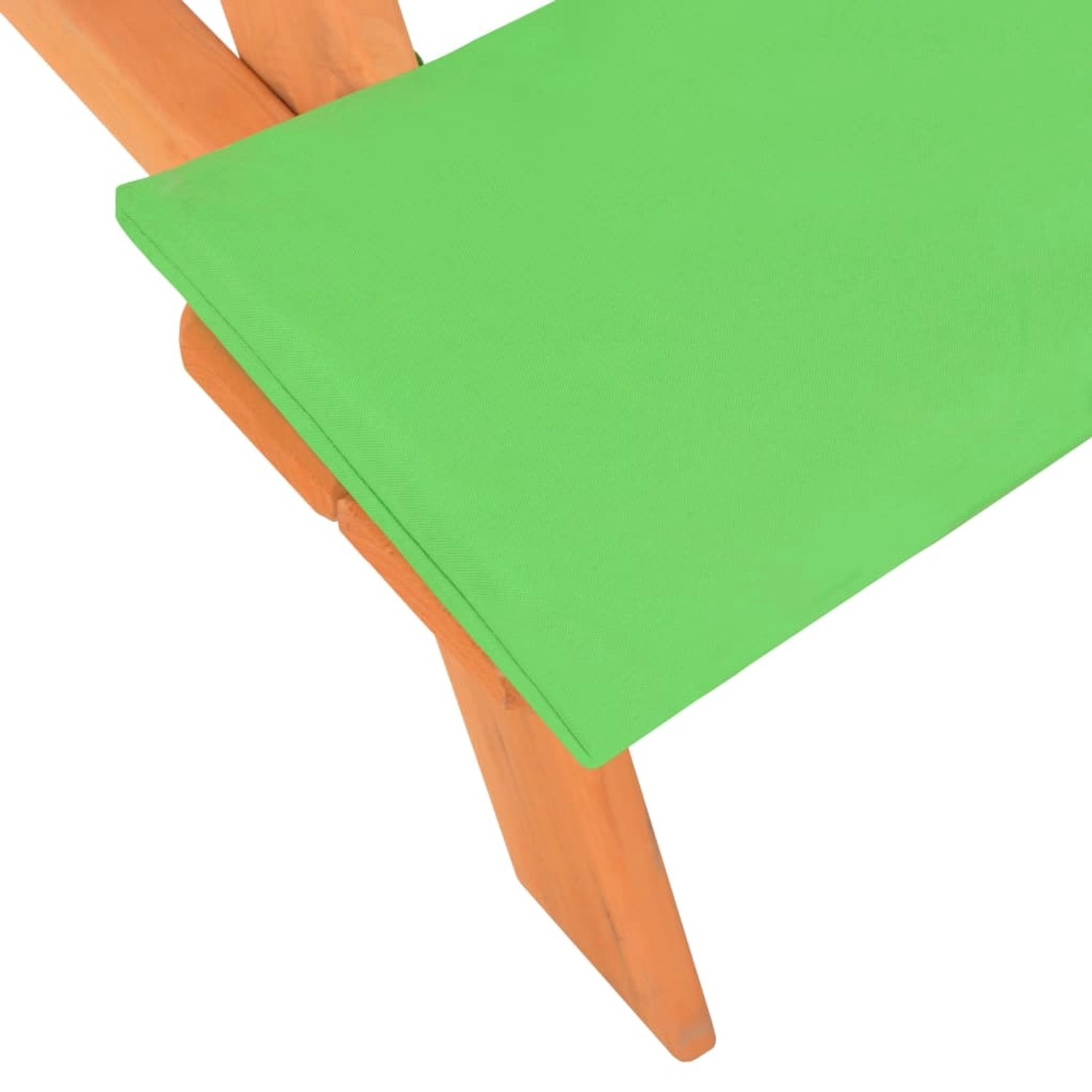 Detailansicht: Kinder-Picknicktisch aus Tannenholz mit grüner Sitzfläche. Gartenmöbel für Kinder.