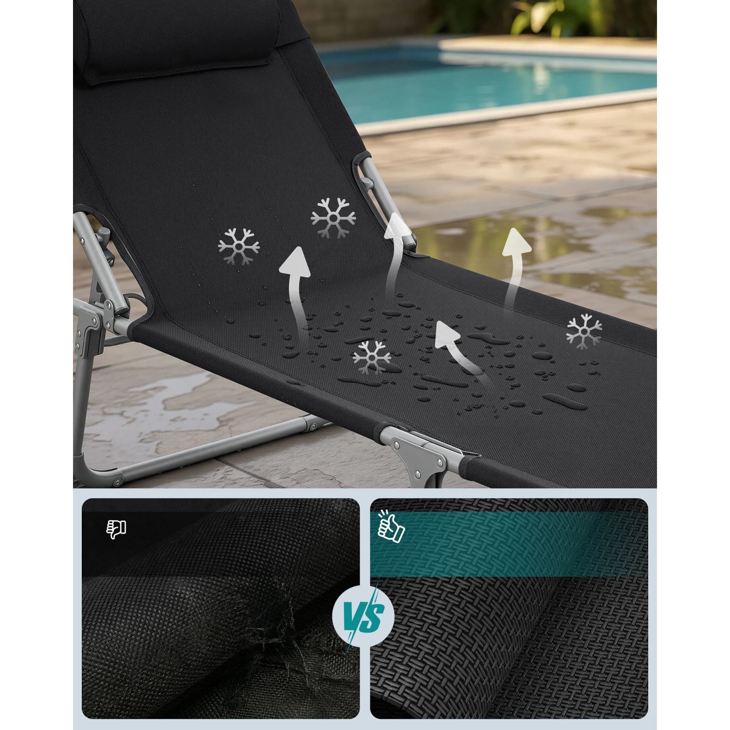 Schwarze Songmics Sonnenliege mit atmungsaktivem Bezug und Stahlrahmen, ideal für Garten und Terrasse.