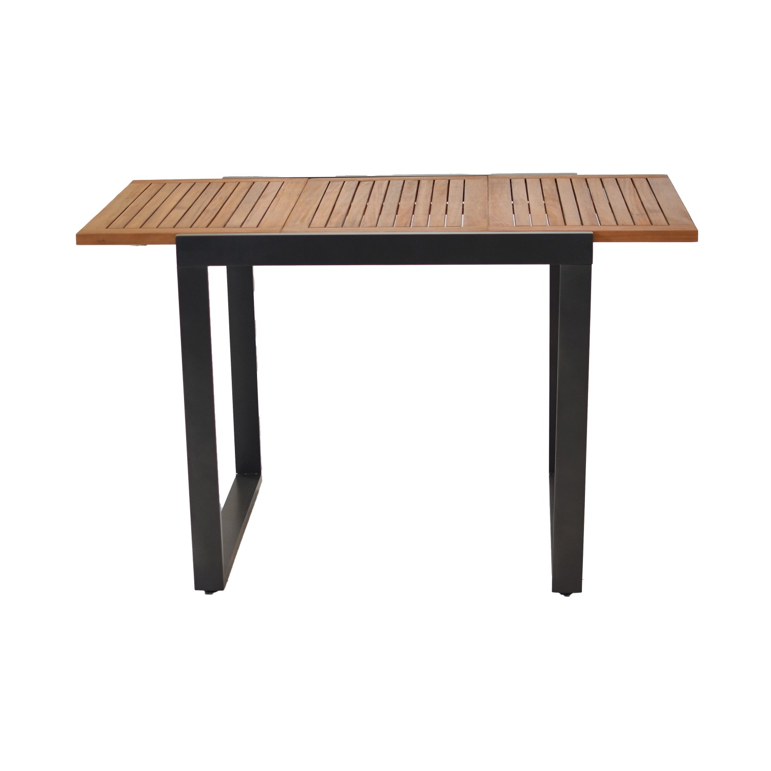 Rechteckiger, ausziehbarer Gartentisch Naxos mit Akazienholz-Tischplatte und schwarzem Aluminiumgestell.