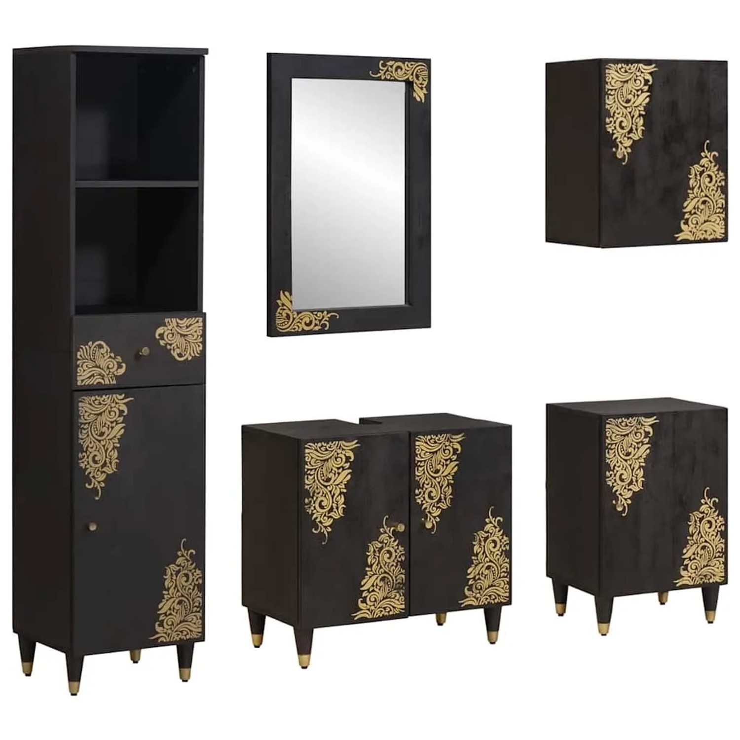 vidaXL Badezimmerschrank-Set mit Tür 5 Tlg Schwarz Massivholz Mango 3310162