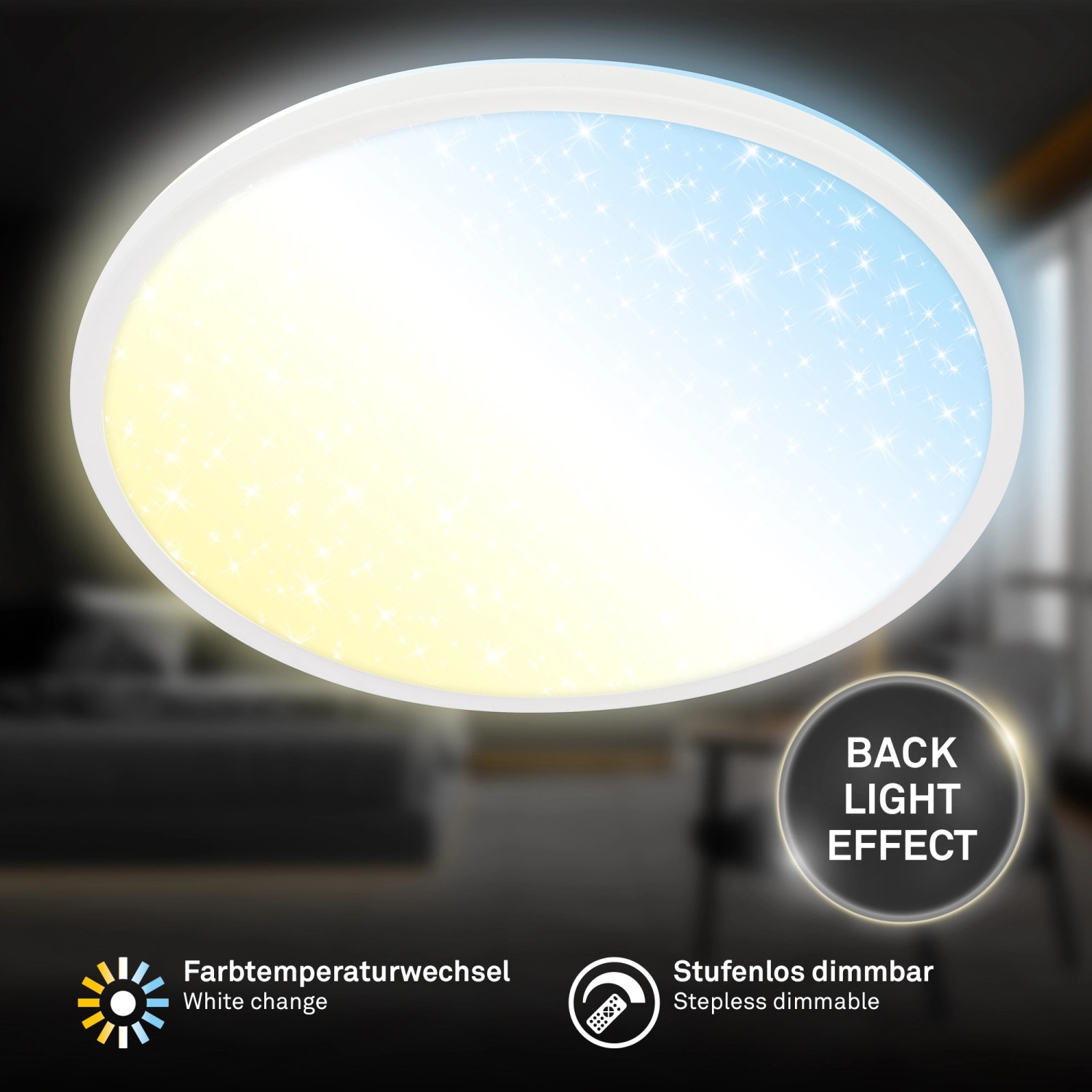 Dimmbares, weißes Brilo LED-Panel mit Sternenhimmel-Effekt und CCT-Funktion. Flache LED-Deckenleuchte.