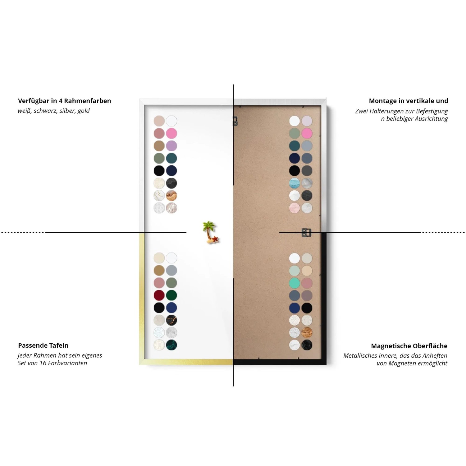 Tulup Magnettafel 70x50 cm: weiße, goldene, schwarze Rahmen, Montageoptionen, 16 Designvarianten. Für Notizen & Fotos.