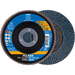 Pferd Fächerscheibe Polifan PSF Steelox, 115 mm Durchmesser, für Schleifmaschinen.