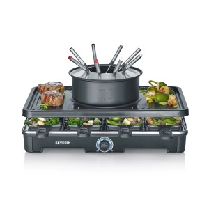 Severin Raclette-Fondue RG 2347 mit Grillplatte, Pfännchen und Zutaten.