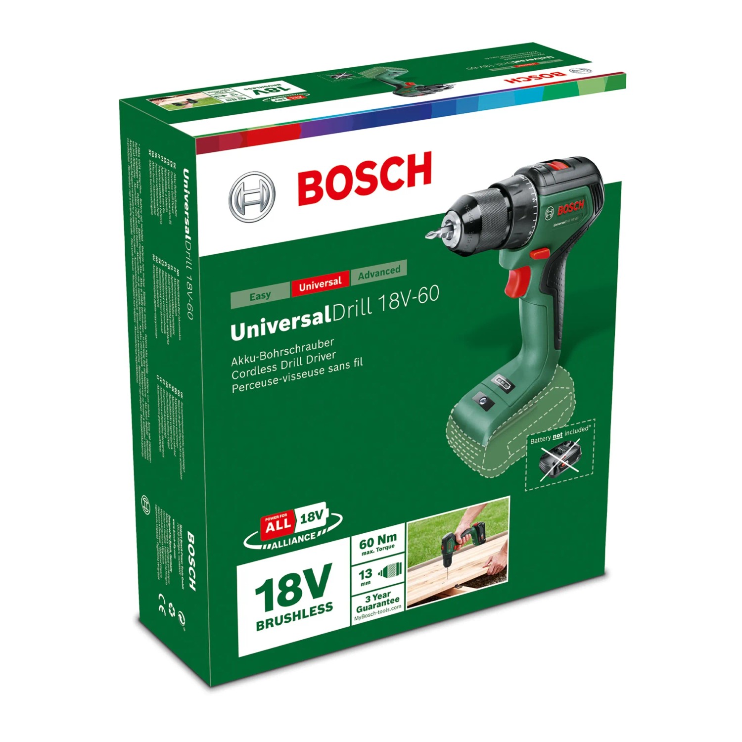 Bosch 18V Akku-Bohrschrauber UniversalDrill 18V-60 Solo im Karton.