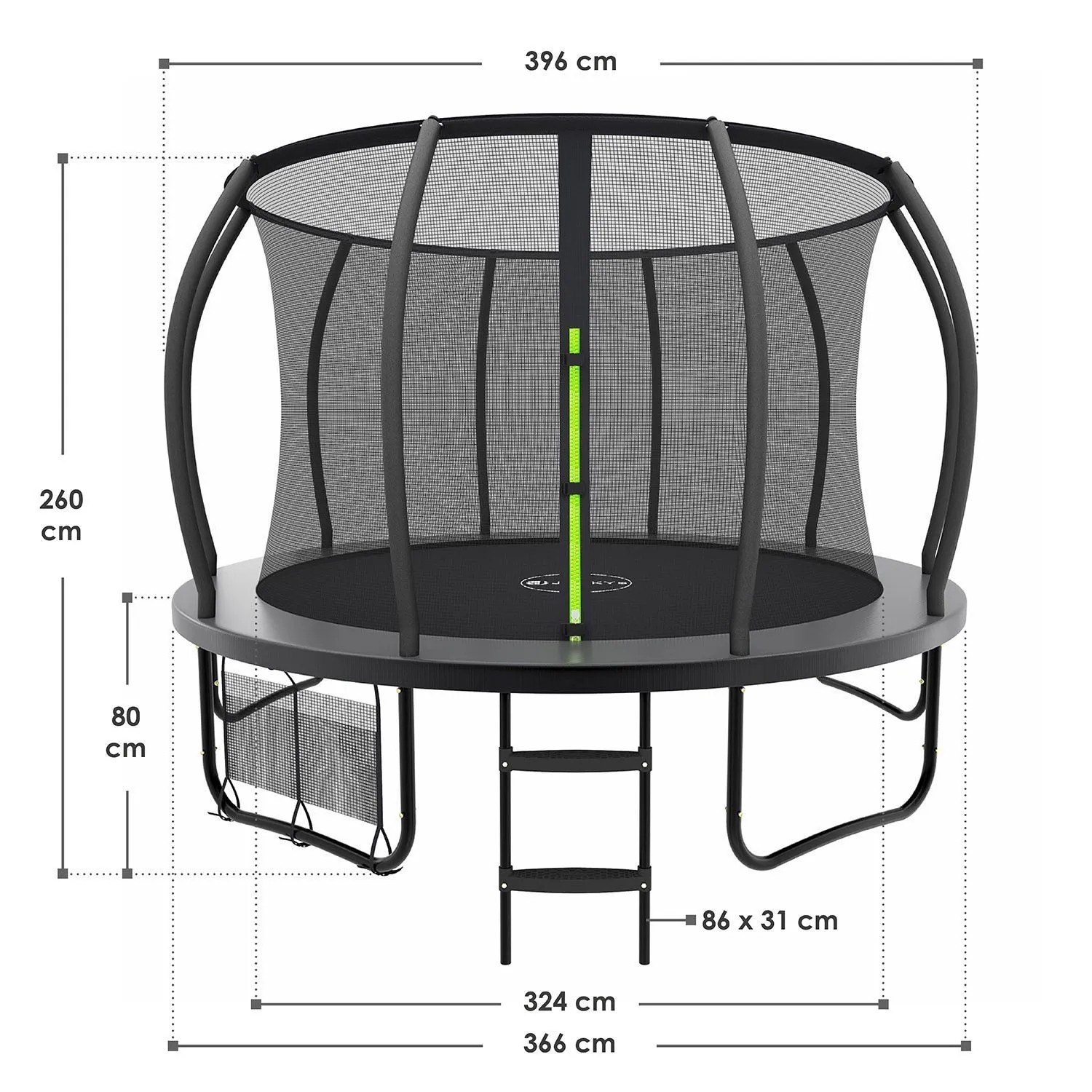 Juskys Gartentrampolin SkyBounce L, schwarz/anthrazit, mit Sicherheitsnetz und Leiter.