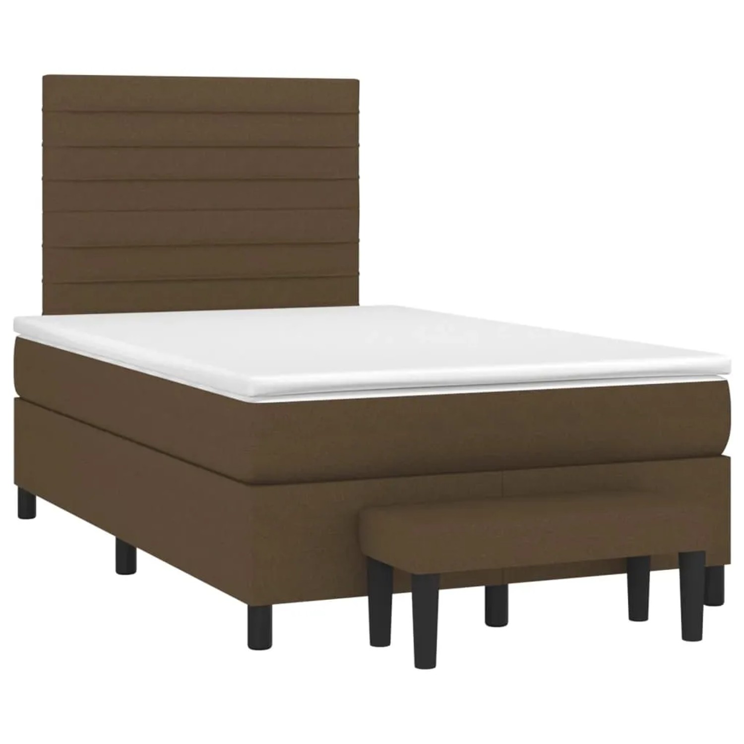 Dunkelbraunes Boxspringbett 120x200 cm mit Matratze und Bank.