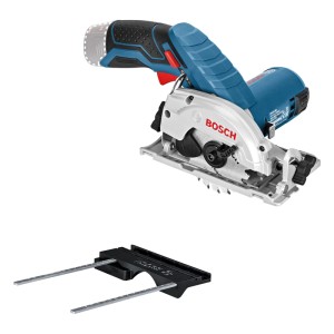Bosch Professional Akku-Kreissäge GKS 12 V-26 in Blau/Silber mit Sägeblatt und Parallelanschlag.