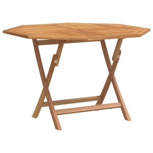 Achteckiger klappbarer Teakholz-Gartentisch mit gekreuzten Beinen und Sonnenschirmloch.