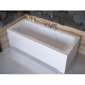 Weiße rechteckige Acryl-Badewanne OPTIMA 160x70 mit Ablauf und Füßen, im modernen Bad installiert.