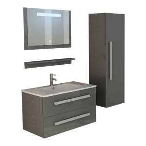 Jet-Line Badset St. Moritz, 4-teilig, grau hochglanz mit LED: Waschtisch, Spiegel, Seitenschrank, Ablage.