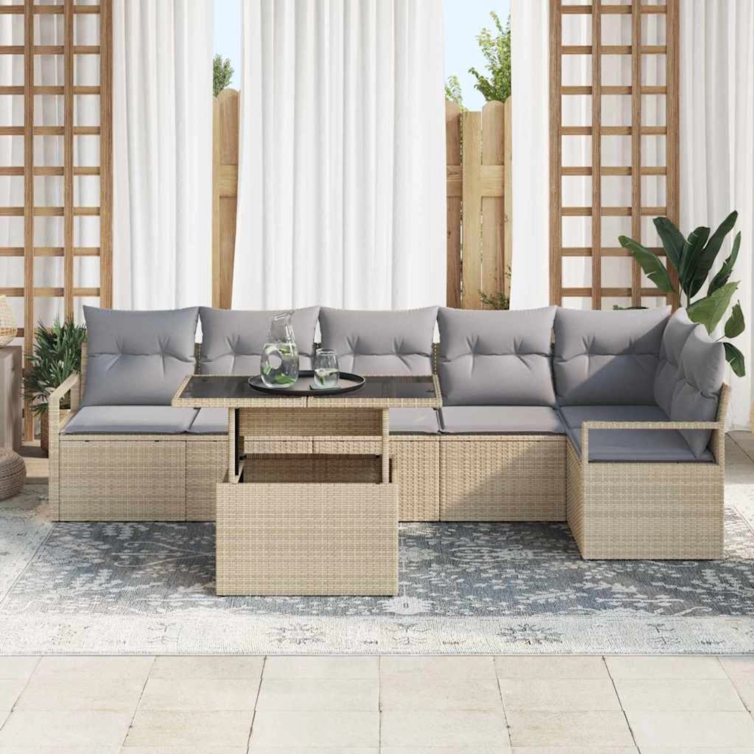 Beiges 7-teiliges vidaXL Garten-Sofa-Set mit Tisch und Poly Rattan Optik.