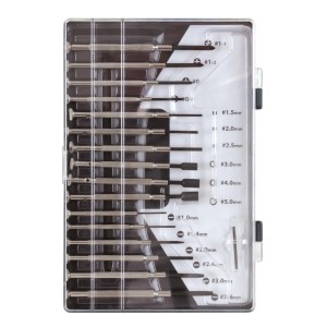 Blanko Feinmechaniker Schraubendreher Set, 16-teilig, in Kunststoffbox für Uhrmacher- und Feinarbeiten.