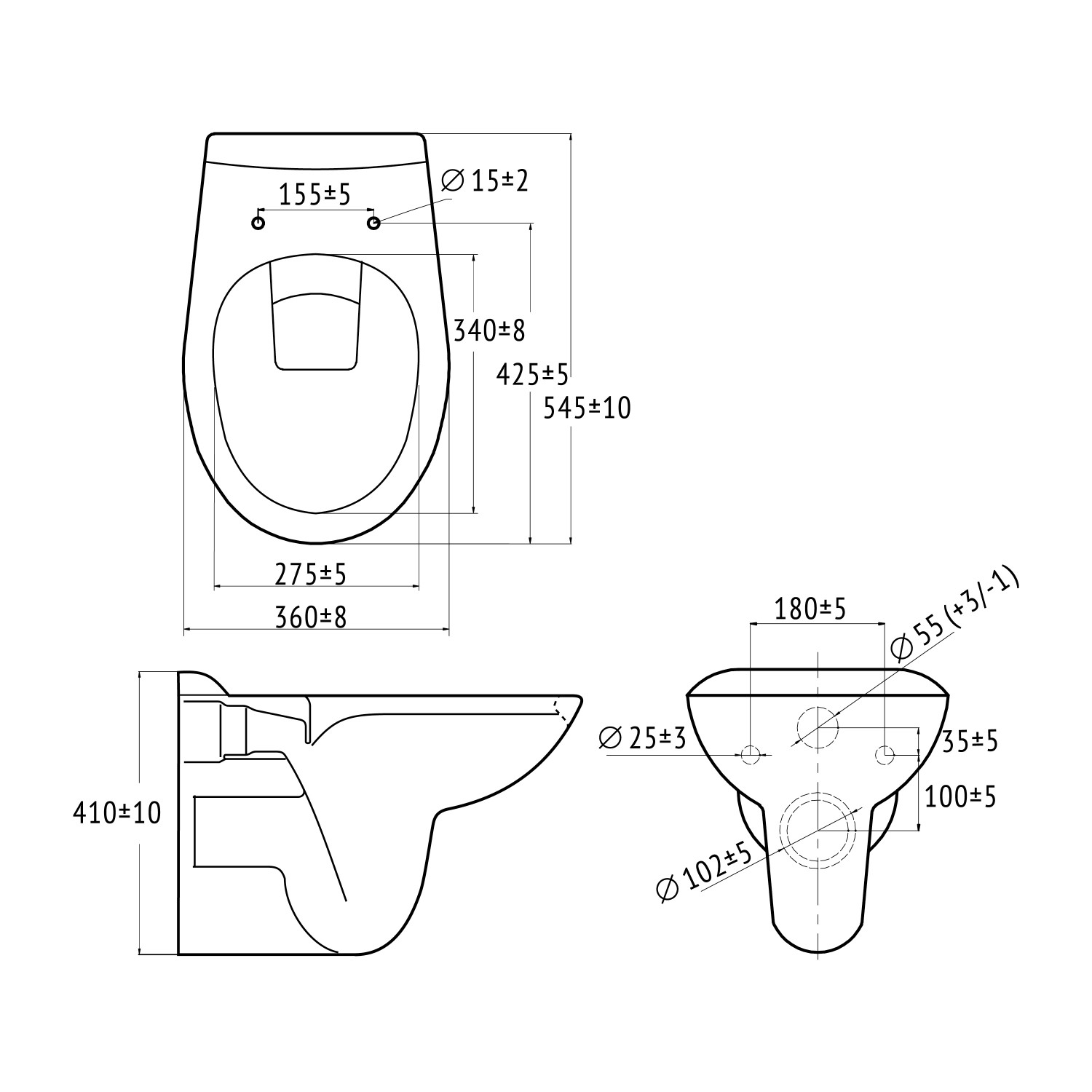 Technische Zeichnung: Baliv Wand WC Glasgow, Tiefspüler, spülrandlos, mit Maßangaben.