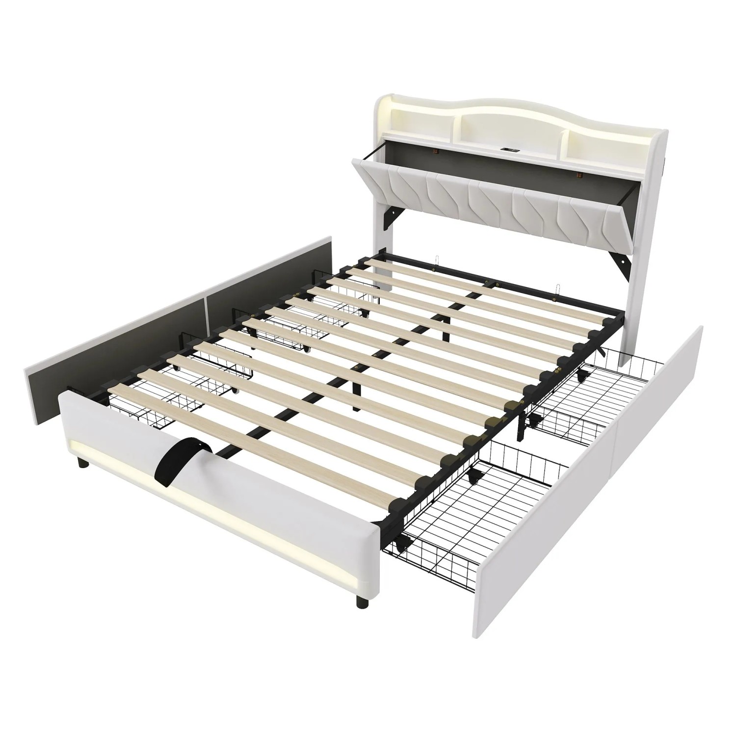 PXloue Polsterbett  140x200 Stauraumbett mit LED‑Beleuchtung USB und Stauraum