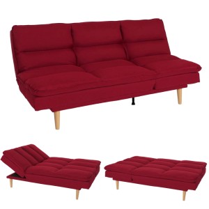 MCW Schlafsofa M79, bordeauxrotes Stoff-Sofa mit Holzfüßen, ausklappbar zu Gästebett.