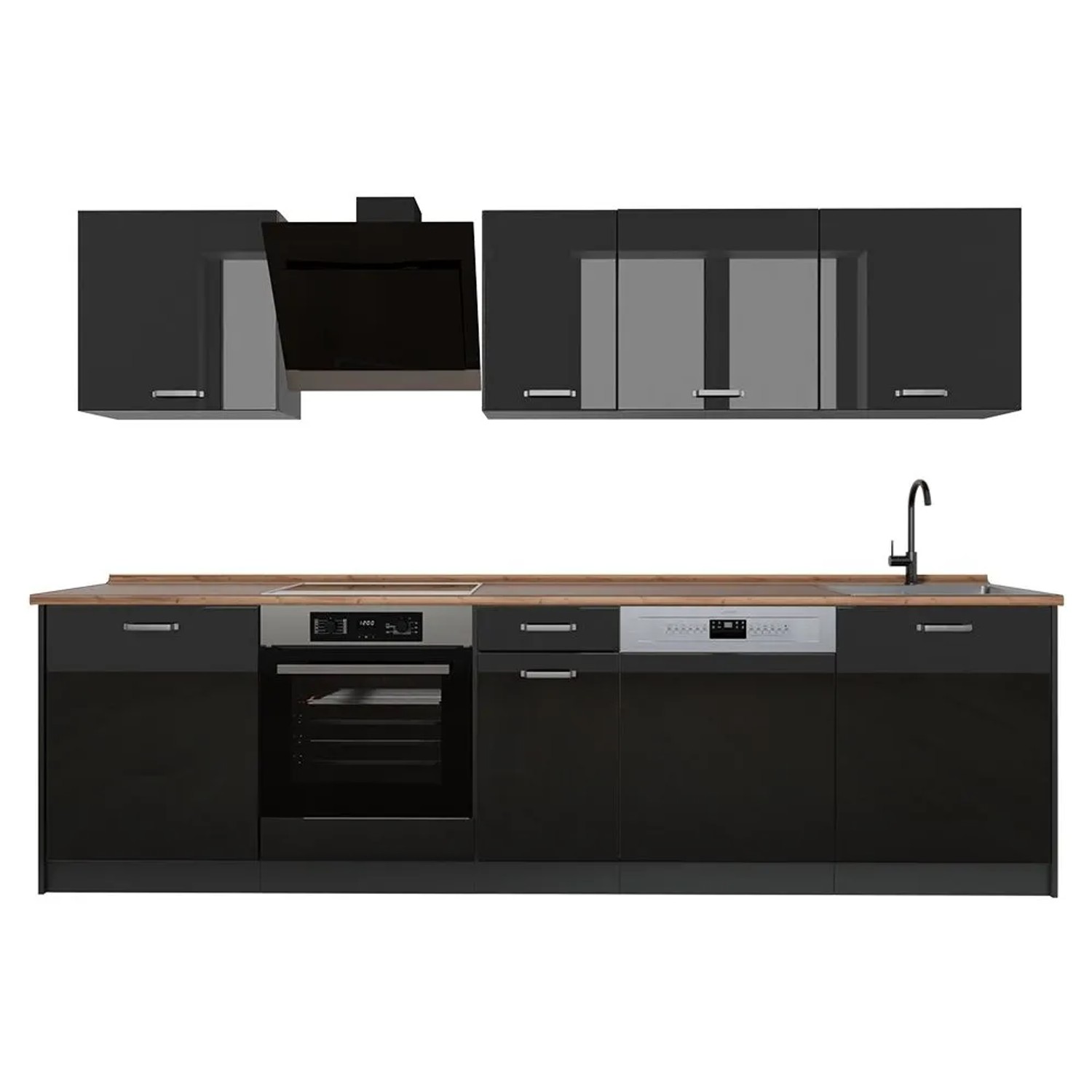 Vicco Küchenzeile R-Line Schwarz Hochglanz/Anthrazit 280 x 207 Arbeitsplatte Goldkraft Eiche Art Nr 66383