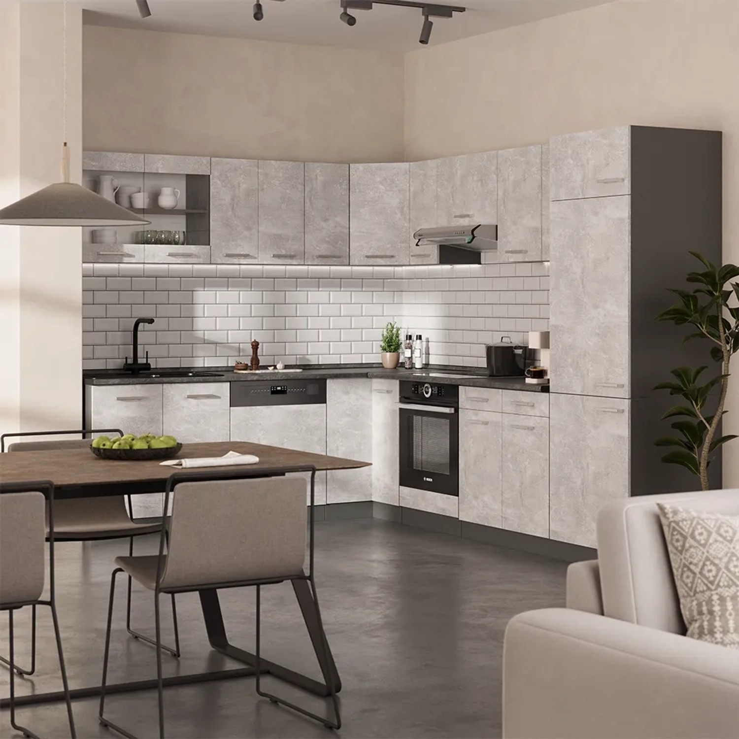 Vicco R-Line Eckküche in Beton/Anthrazit mit Marmor Arbeitsplatte, 227x287 cm.