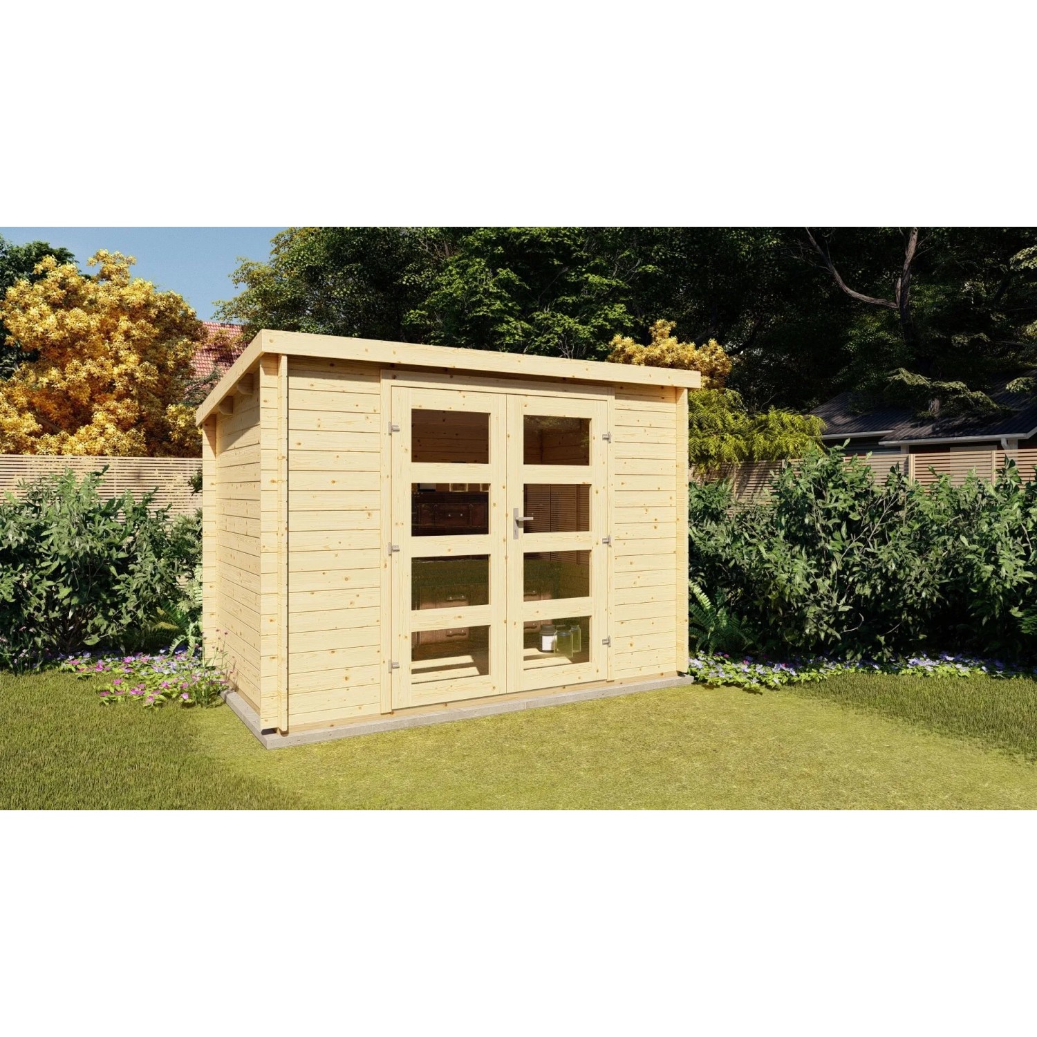 Finn Art Gartenhaus Funny 13, 3x2 m, mit Flachdach und Doppeltür. Holz-Gartenhaus ohne Fußboden.
