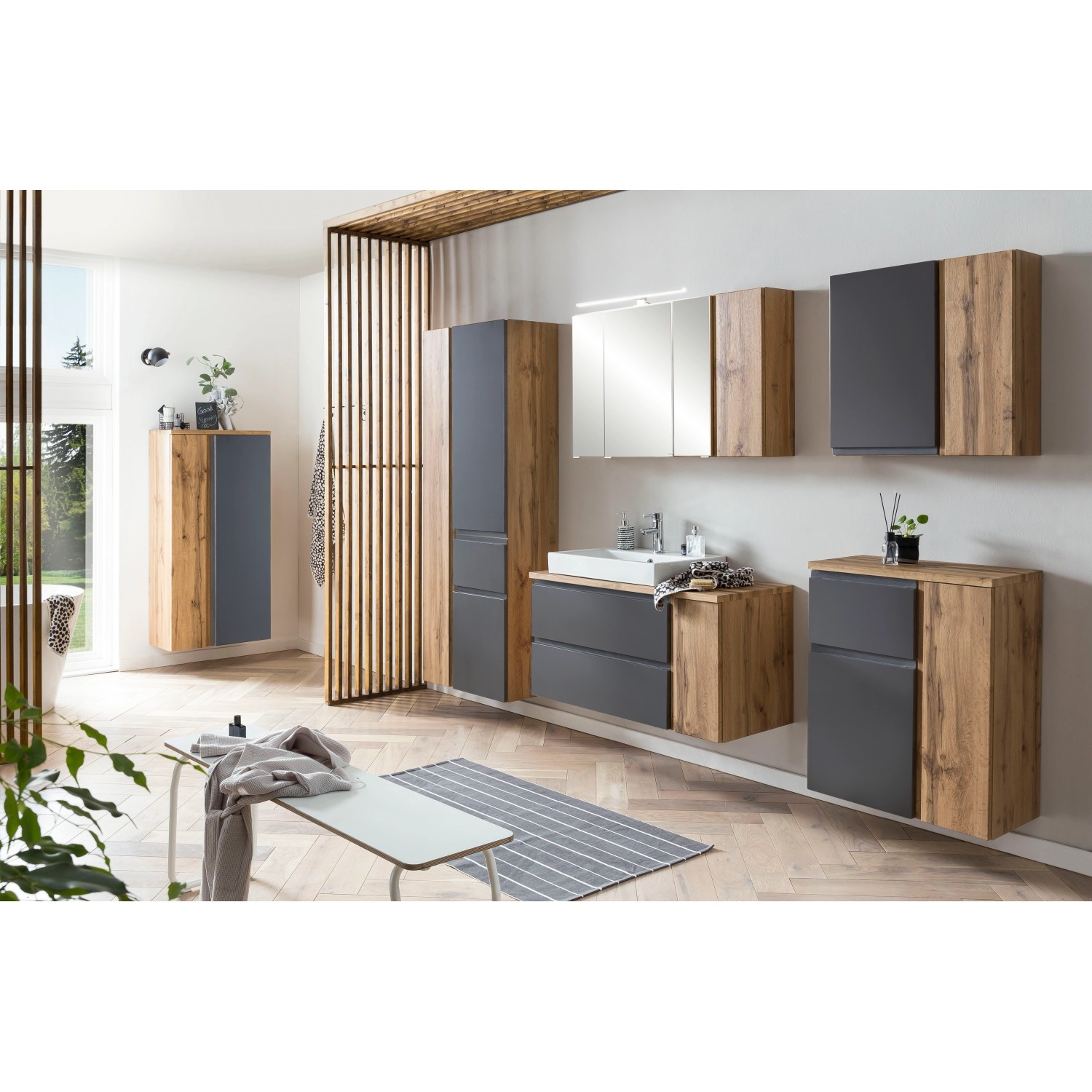 Held Möbel Hängeschrank Ancona, 65 cm, matt Grau-Wotaneiche, Teil eines Badmöbel-Sets.