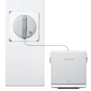 ECOVACS WINBOT W2S OMNI Fensterputzroboter mit Dockingstation an Fenster angebracht.