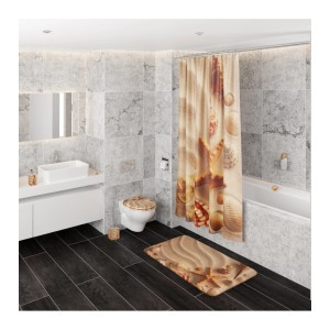 Badezimmer mit Sanilo WC-Sitz Sanibel (Holz), Duschvorhang und Badteppich mit Muschelmuster.