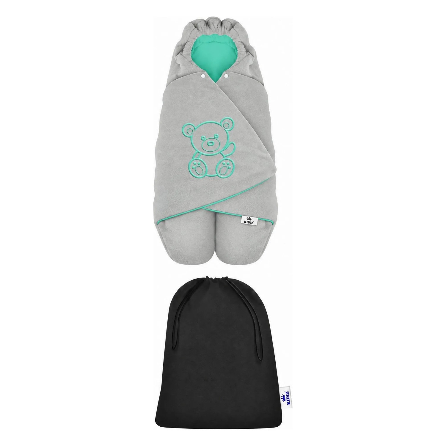 KIDIZ Baby Einschlagdecke mit Kapuze und Tasche Winter Fußsack Grau Türkis