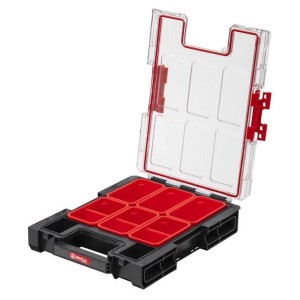 Offener, schwarzer PROREGAL QBRICK Sortimentskasten mit 6 roten Fächern und transparentem Deckel.