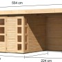Karibu Holz-Gartenhaus Sölve, unbehandelt, mit Maßangaben. Flachdach-Gartenhaus mit Anbau.