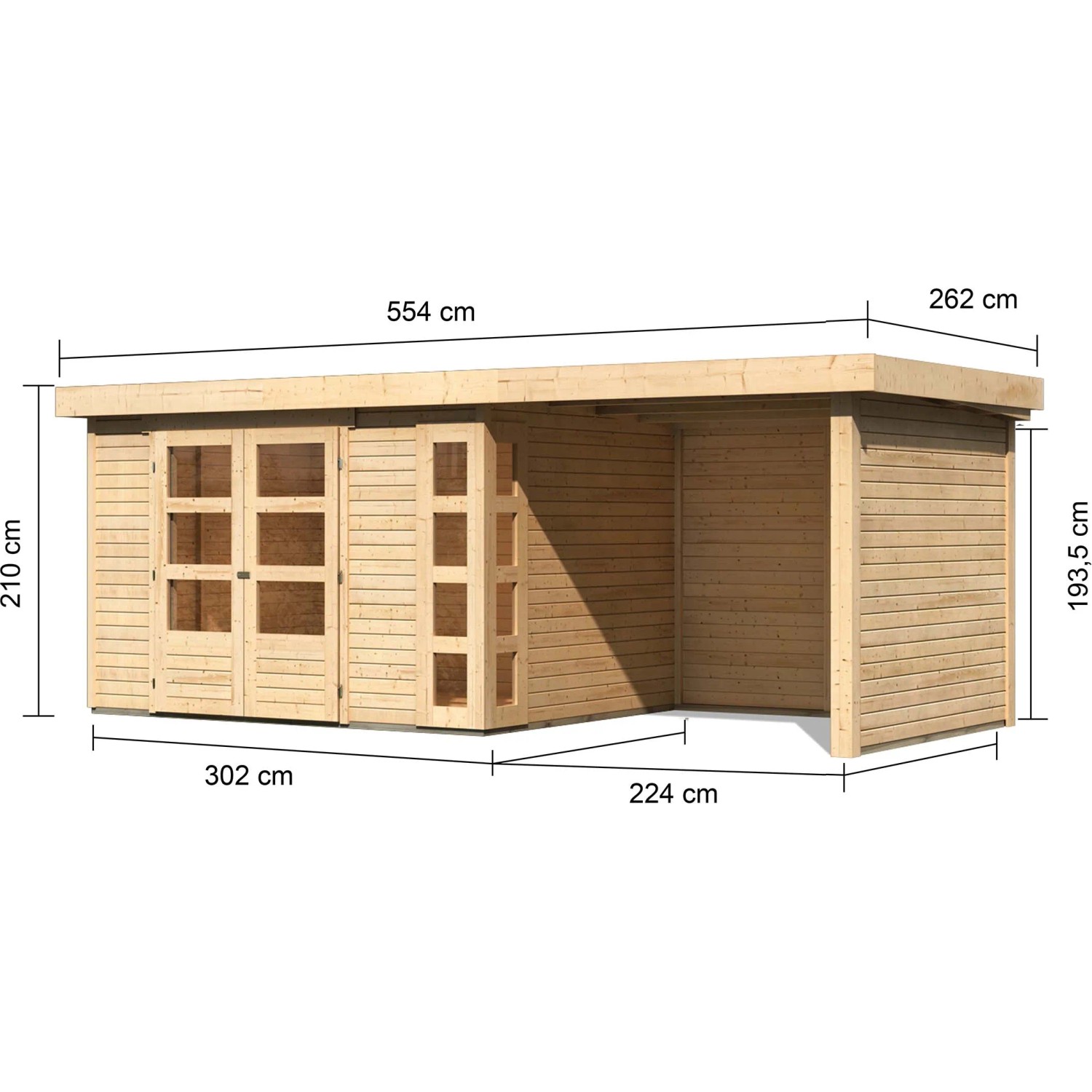 Karibu Holz-Gartenhaus Sölve, unbehandelt, mit Maßangaben. Flachdach-Gartenhaus mit Anbau.