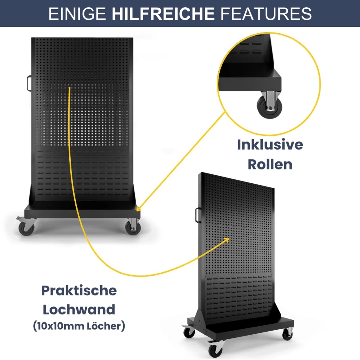 Mobile, schwarze DELUKE Werkzeugwand mit Lochwand und Rollen für Werkstatt und Garage.