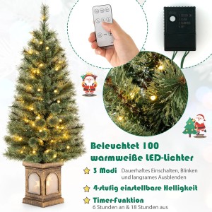 Grüner künstlicher Weihnachtsbaum 120cm mit 100 warmweißen LED-Lichtern, Timer, Fernbedienung und Vintage-Sockel.