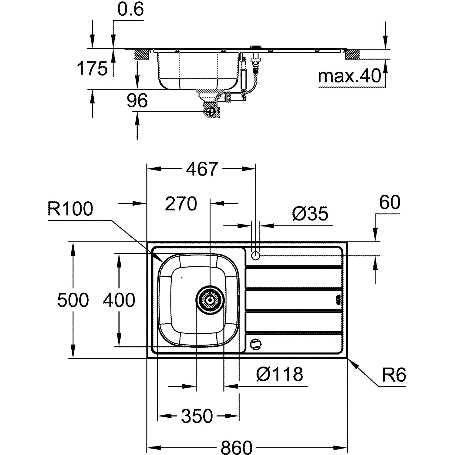 Technische Zeichnung: Grohe Edelstahlspüle mit Armatur, Maße und Details für Einbau.