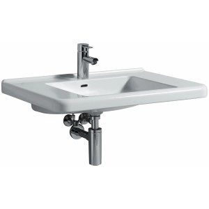 Weißes, barrierefreies Geberit Renova Comfort Waschbecken 75 cm mit Hahnloch und Überlauf.