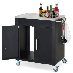 Schwarzer HOMCOM Küchenwagen mit Edelstahlplatte, Griffen und Zubehörhaken.