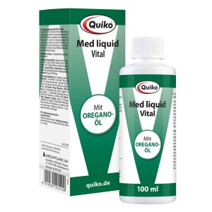 Quiko Med Liquid, Ergänzungsfutter mit Oregano-Öl für Ziervögel, 100ml Flasche und Karton.