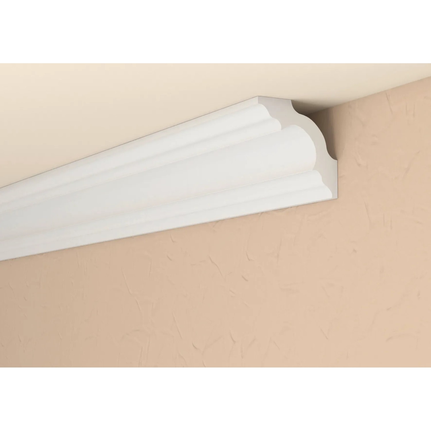 Weißes Decosa Zierprofil XZL07 (2 m) an Decke und Wand.