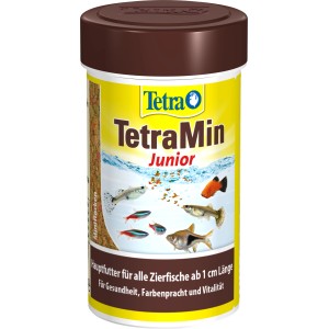 TetraMin Junior Flockenfutter, 100ml Dose mit braunem Deckel. Hauptfutter für kleine Zierfische.