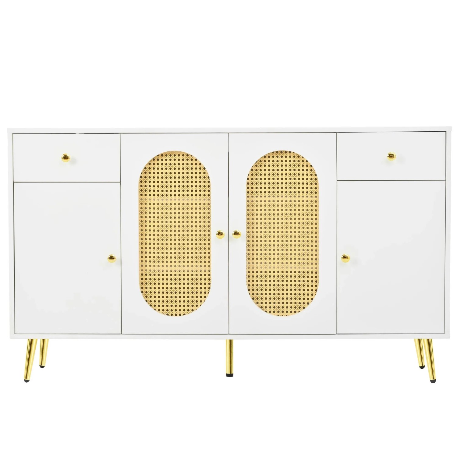 okwish Sideboard mit 2 Schubladen 4 Türen Wohnzimmer 140x82x35cm Weiß Natur
