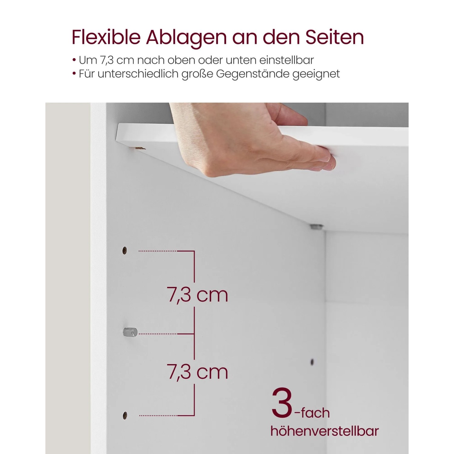 Detailaufnahme: Verstellbare Ablagefächer der Schuhbank, 3-fach höhenverstellbar.