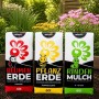 Drei Galamio Säcke: Blumenerde, Pflanzerde, Rindenmulch im Garten. Für Gärtnerkompost und gesunde Pflanzen.