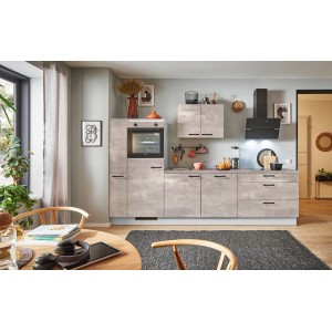 Moderne pino Küchenzeile 280cm in Beton Perlgrau mit Geräten, Apothekerschrank und Anschlag L.