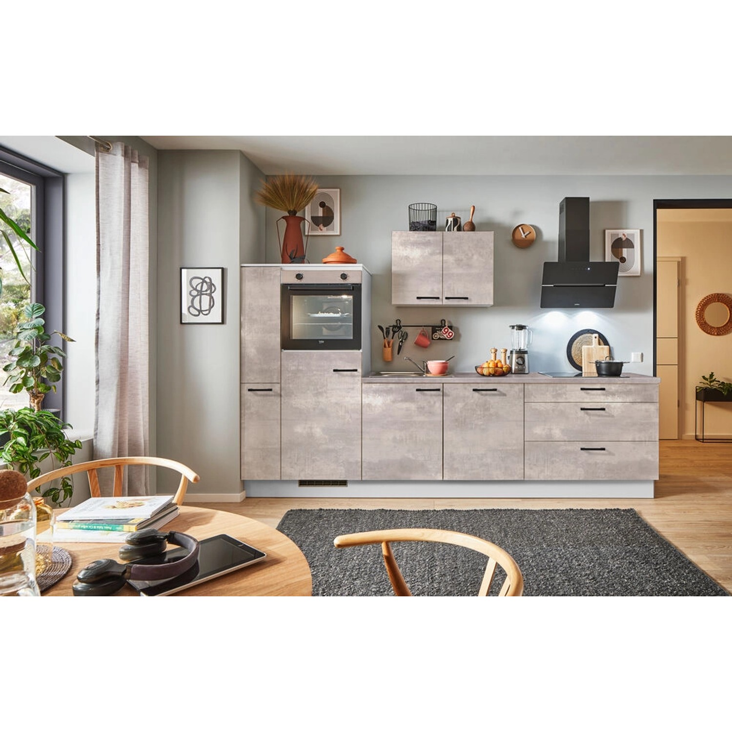 pino Küchenzeile 280cm Beton Perlgrau Anschlag L 1 Geräte-, 1 Apothekerschr günstig online kaufen