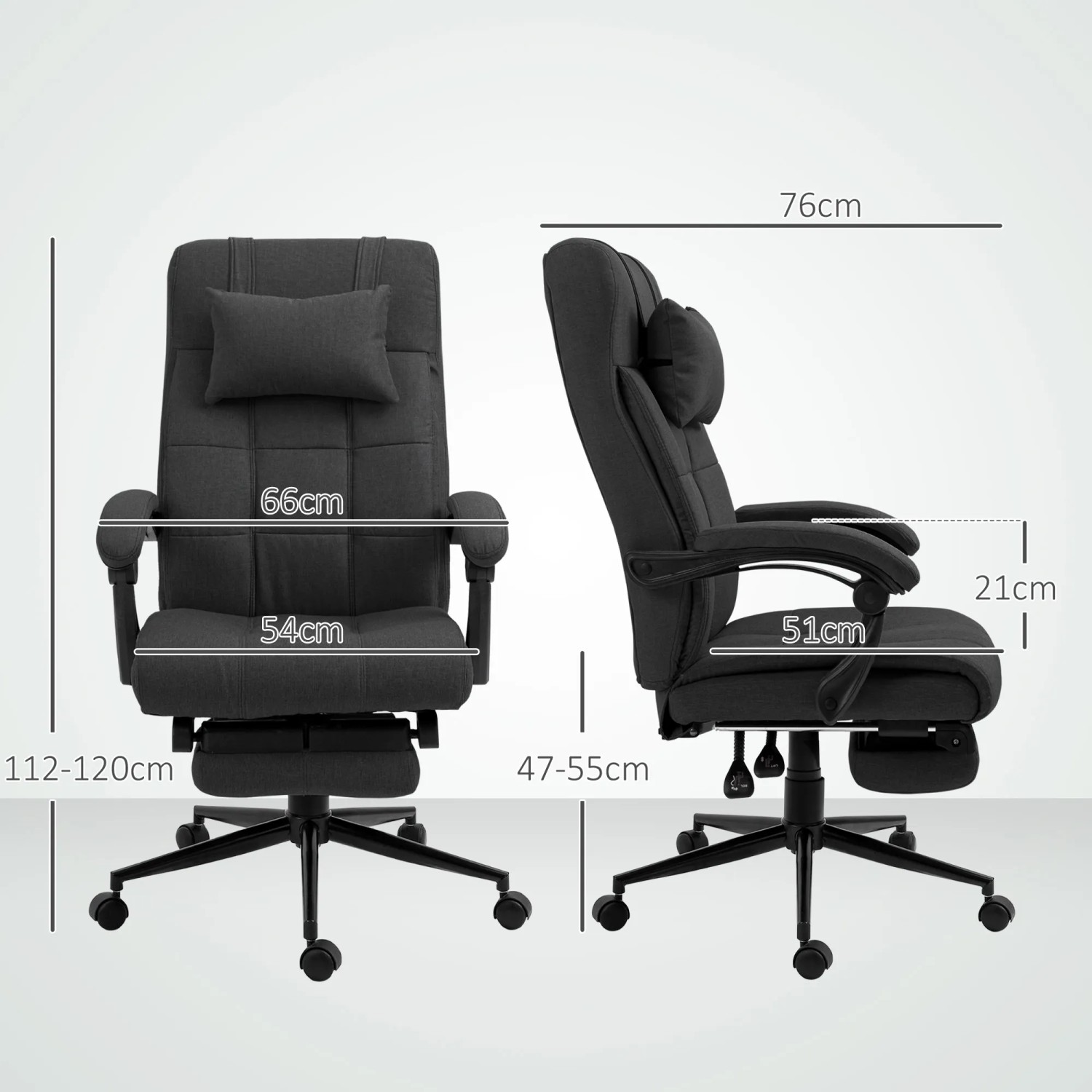 Vinsetto Bürostuhl, ergonomisch, mit Fußstütze, Leinenoptik, schwarz, mit Maßangaben.